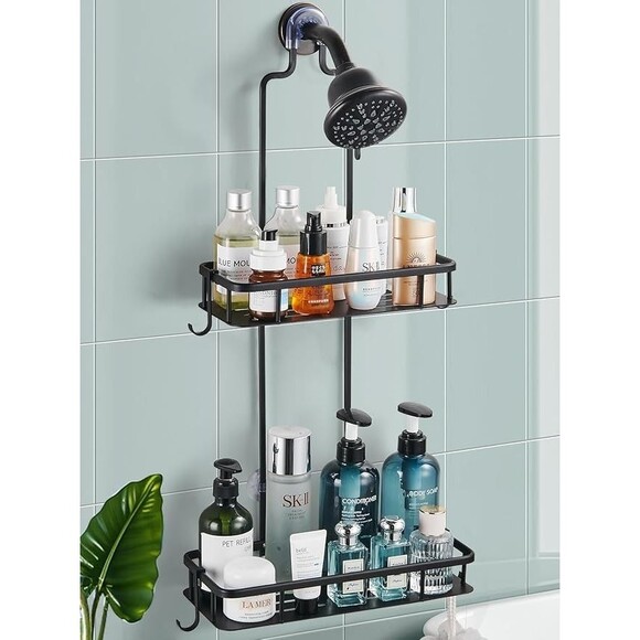 Cobbe Anti-Swing Shower Caddy Hanging with 4 Hooks, No Drilling Organizer, Black - Picture 1 of 8